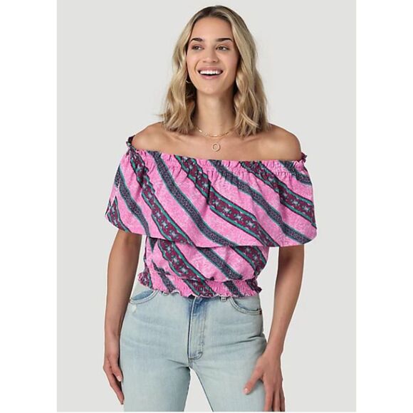 Wrangler Retro Sz L Women's Pink Candy Stripe Off Shoulder Ruffle Trim Crop Top - Picture 1 of 5